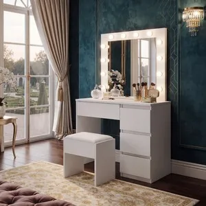 White Vanity Dressing Table with Drawers LED Bulbs Mirror and Stool - White