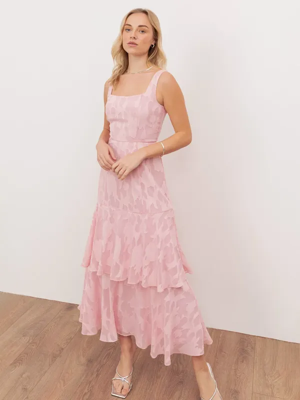 Anaya With Love Floral Burnout Tiered Midaxi Dress, Peony Pink