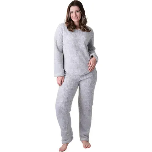 Camille Womens Supersoft Textured Fleece Pyjamas with a Woven Pattern & Rope Detailing