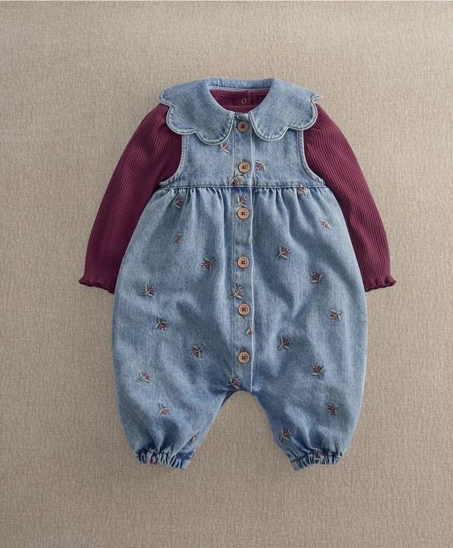 Mamas & Papas Berry Denim Dungarees and Ribbed Bodysuit Set