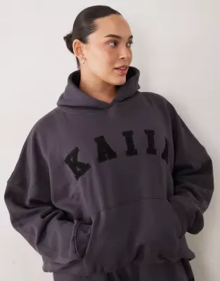 Plus cotton blend logo oversized hoodie co-ord in dark grey
