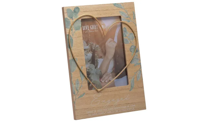 Love Story Engaged Frame With Wire Heart - Brown - 25x16cm
