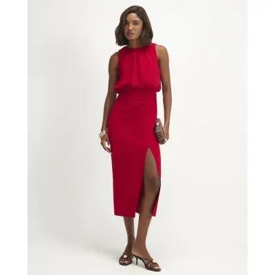 Red Crew Neck Ruched Side Midi Dress