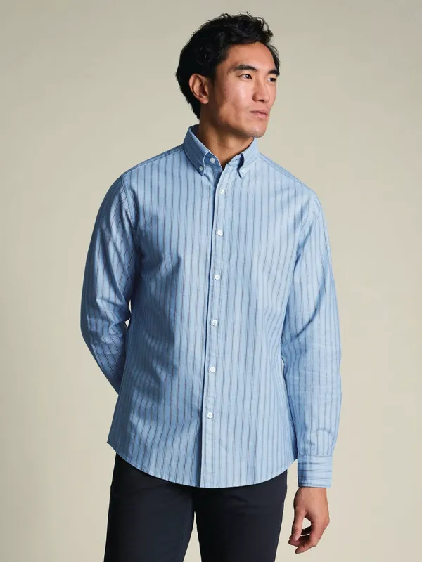 Charles Tyrwhitt Double Stripe Button Collar Stretch Washed Cotton Oxford Slim Fit Shirt, Blue