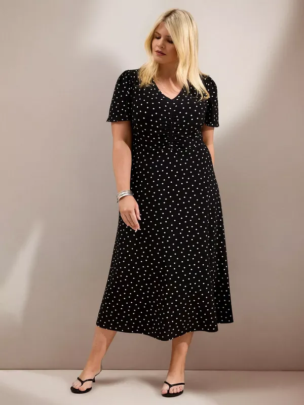 Live Unlimited Curve Polka Dot A-Line Midi Dress, Black