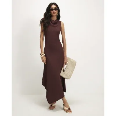 Brown Textured Sleeveless Midi Dress