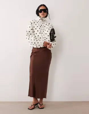 satin bias midi skirt in brown