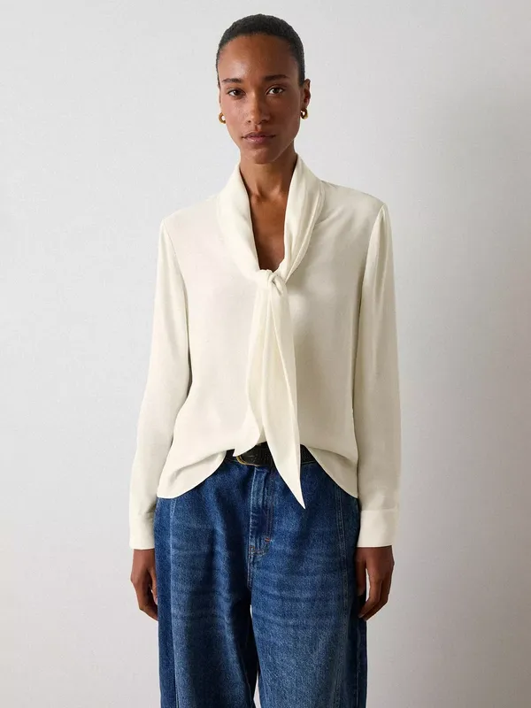 Whistles Tie Neck Crepe Blouse, Ivory
