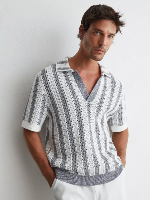 Reiss Globe Regular Fit Striped Polo Shirt, Soft Blue/White