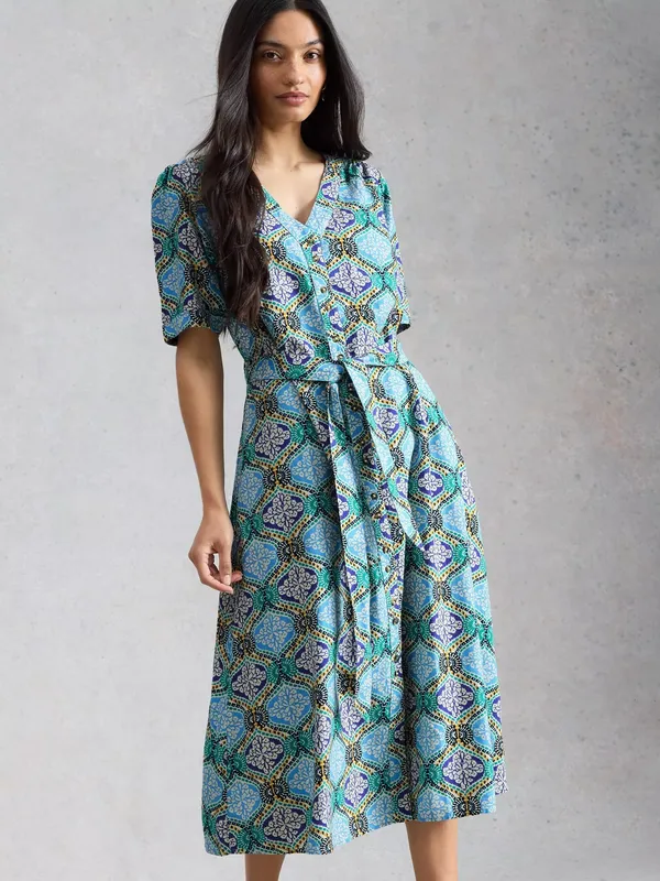 White Stuff Val Abstract Linen Rich Dress containing LENZING™ ECOVERO™ Viscose, Blue/Multi