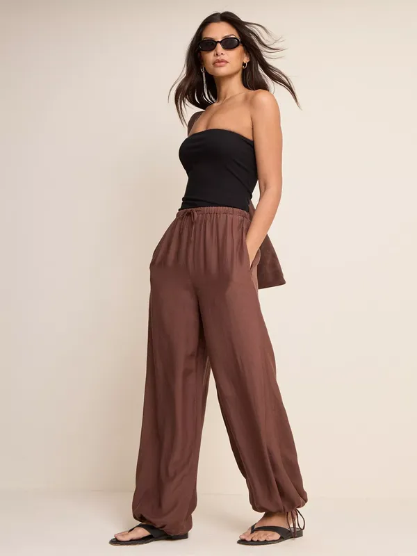 Nobody's Child Violet Drawstring Tie Cuff Balloon Leg Trousers, Brown