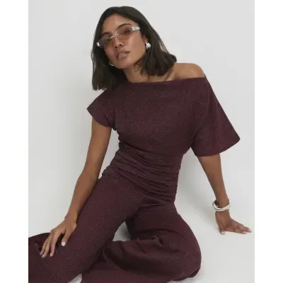 Burgundy Glitter Thread Gathered Hem Top