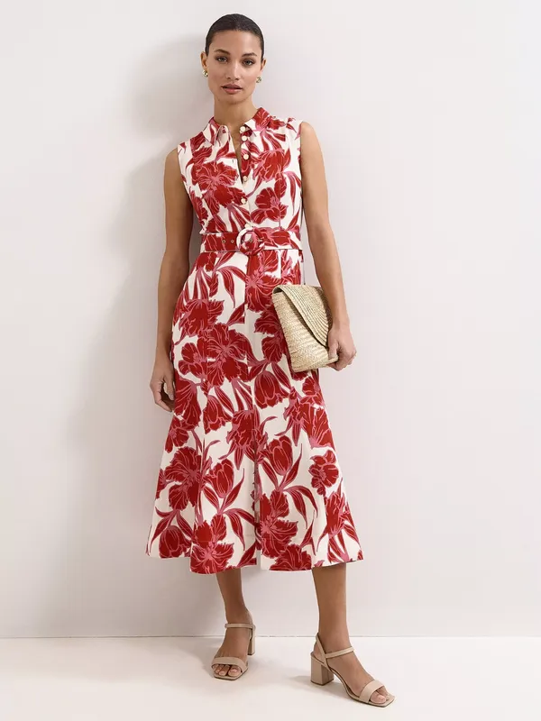 Phase Eight Elspeth Linen Blend Floral Sleeveless Shirt Dress, Red