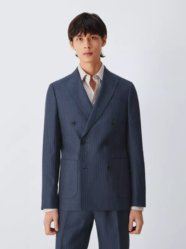 John Lewis Double Breasted Regular Fit Striped Linen Suit Jacket, Navy Stripe