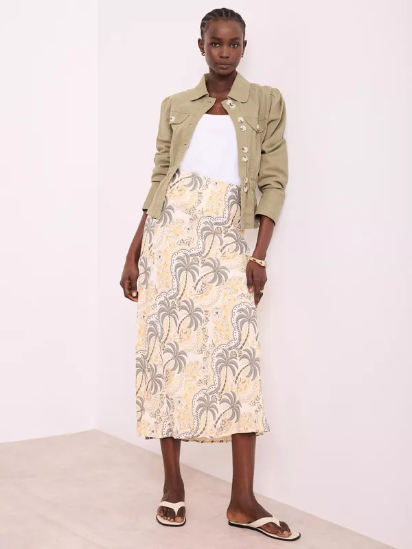 Mint Velvet Palm Print Midi Skirt, Green/Multi