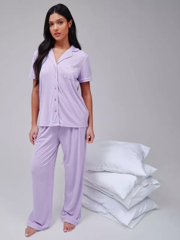 Loungeable Ribbed Jersey Button Down Long Pyjama Set