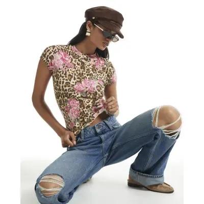 Brown Leopard Floral Fitted Rib Baby T-Shirt