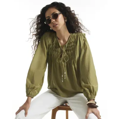 Khaki Smock Yoke Blouse