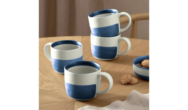 Habitat Artisan Stripe Set of 4 Stoneware Mugs - Blue