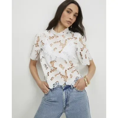White Lace Short Sleeve Blouse