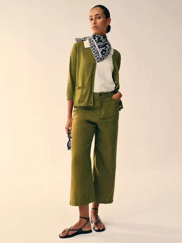 White Stuff Tia Linen Wide Leg Cropped Trousers, Green