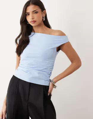 off shoulder ruched detail top in baby blue