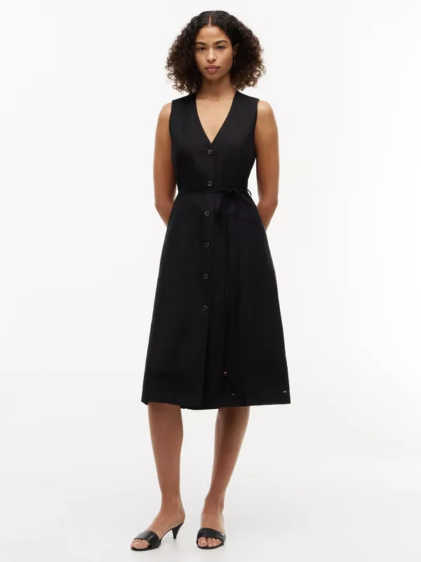 Tommy Hilfiger V-Neck Belted Sleeveless Shirt Dress, Black