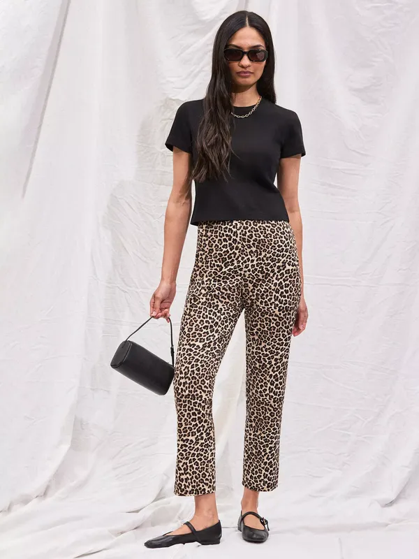 Ro&Zo Cotton Rich Leopard Print Slim Fit Trousers, Brown