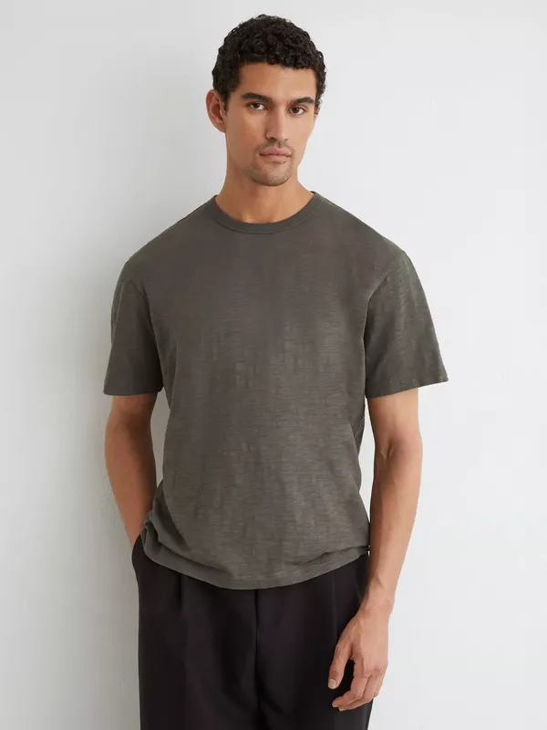 Reiss Huxley Cotton Slub Relaxed Fit T-Shirt, Khaki Green
