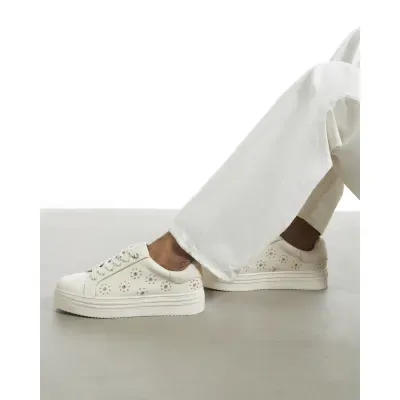 Cream Embellished Faux Suede Trainers