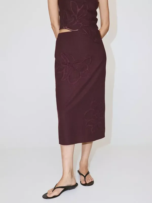 Mango Floral Embroidered Midi Skirt, Garnet
