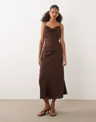 satin cowl neck midi dress in brown