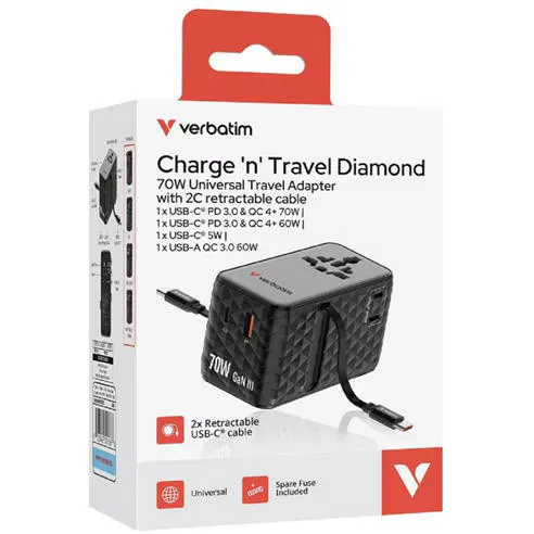 Verbatim Charge n Travel 70W 2C Universal Travel Adaptor - Black