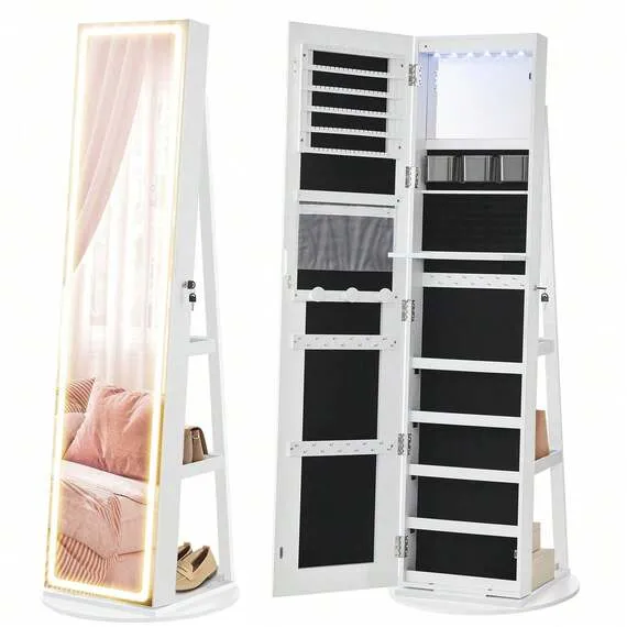 SONGMICS Jewellery Cabinet with Full-Length Mirror and Adjustable LED Lights - White