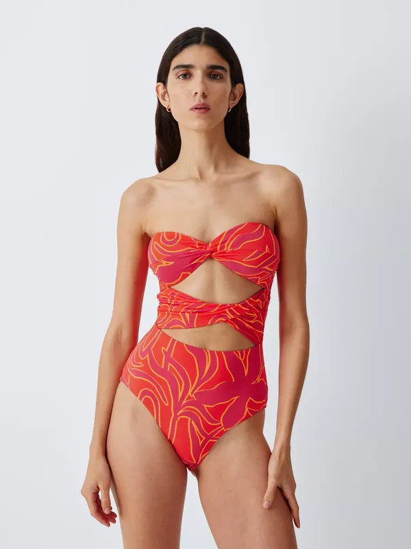 John Lewis Cabana Bloom Bandeau Swimsuit, Red Multi