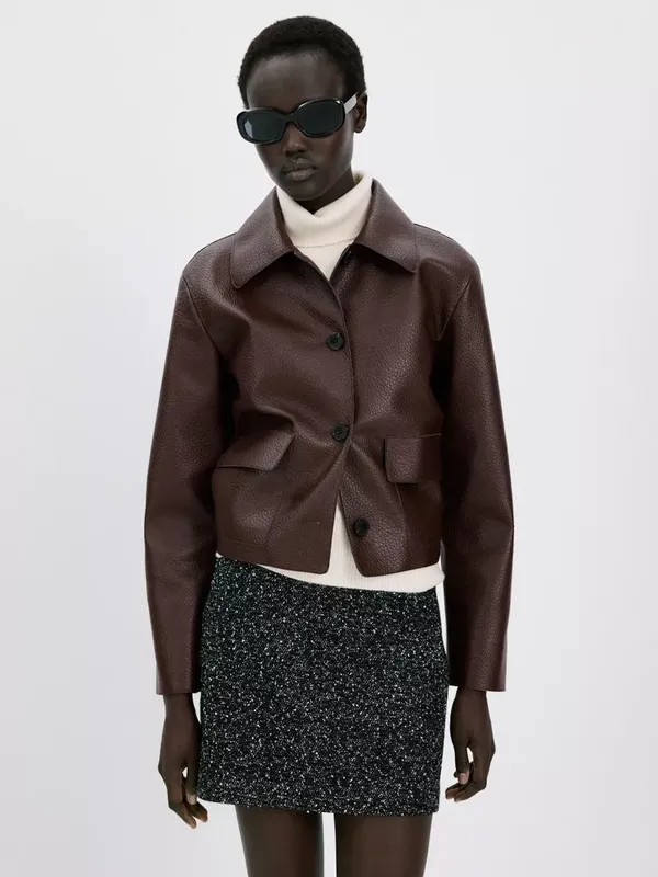 Mango Sculpted Cropped Faux Leather Jacket, Garnet
