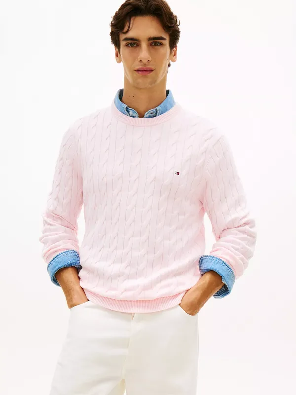 Tommy Hilfiger Flag Embroidered Cotton Cable Knit Crew Neck Jumper
