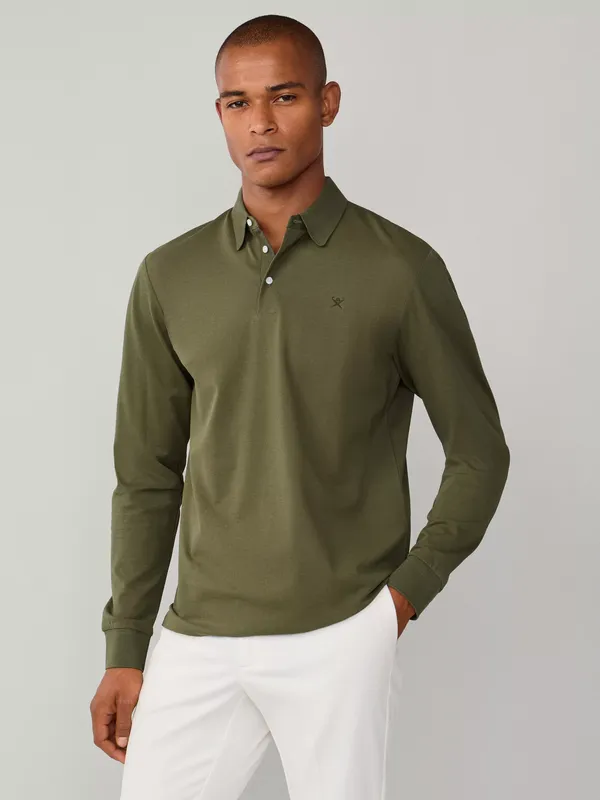 Hackett London Cotton Regular Fit Long Sleeve Polo Shirt, Moss Green
