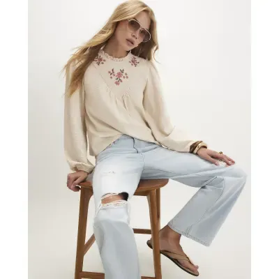 Beige Cotton Floral Embroidered Textured Top