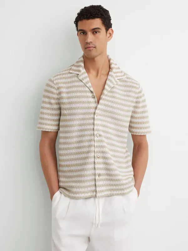 Reiss Island Striped Crochet Short Sleeve Cuban Collar Shirt, White/Oatmeal