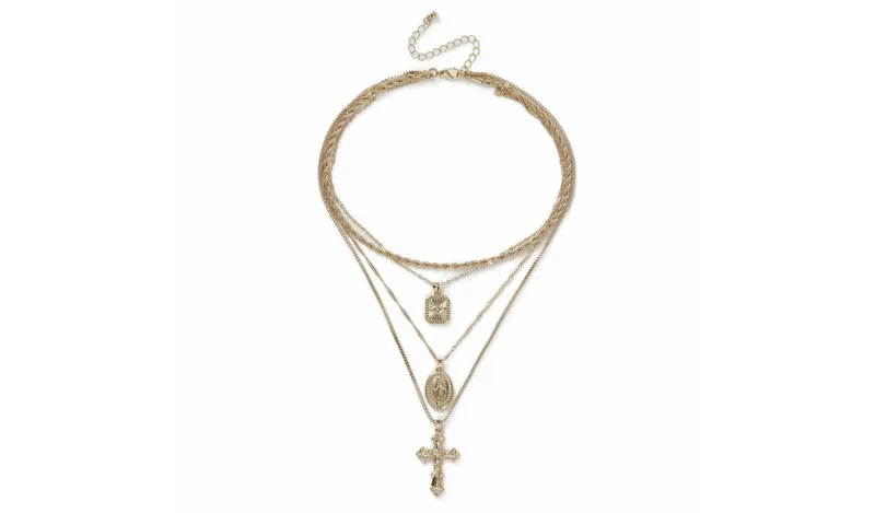 Freedom Gold-tone Grunge Cross Layered Pendant Necklace