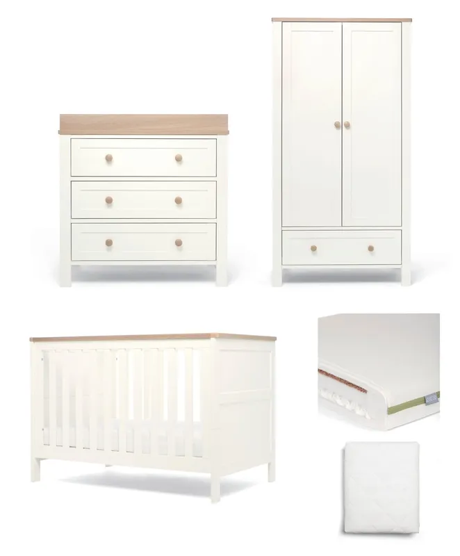 Mamas & Papas Wedmore 3 Piece Small Cotbed Range with Premium Dual Core Mattress - White/Oak