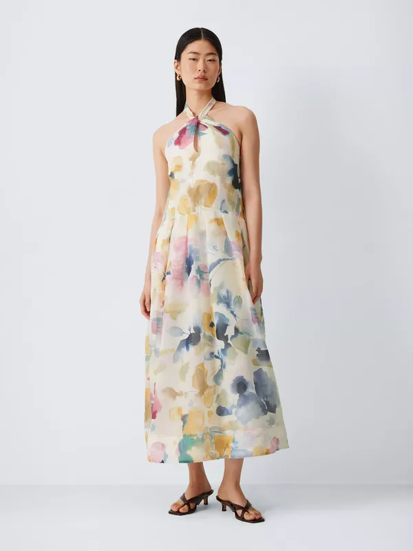 John Lewis Abstract Print Halterneck Midi Dress, Abstract Print