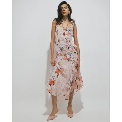 Pink Script Print Slip Midi Dress