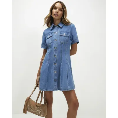 Blue Pleat Front Denim Dress