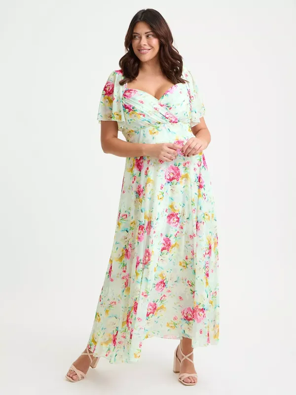 Scarlett & Jo Kemi Floral Bolero Wrap Bodice Maxi Dress, Ivory/Pink
