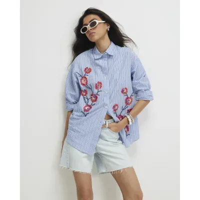 Blue Cotton Floral Embellished Boutique Shirt