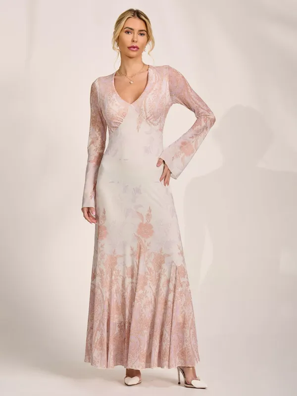 Jolie Moi Floral Godet Mesh Maxi Dress