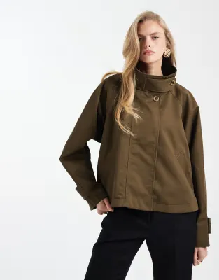 cropped cape detail trench coat in khaki