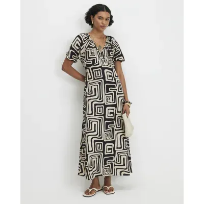 Black Geometric Print Midi Maxi Dress